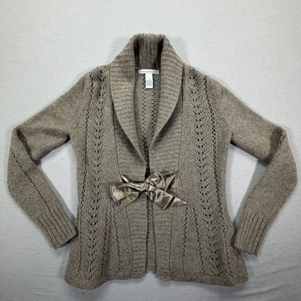 Marina Luna Cardigan Sweater Womens S Taupe Angora Lambswool Bow Pointelle